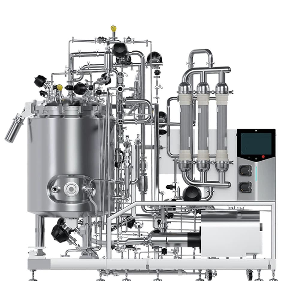 A tangential flow filtration skid with cassette holder, pumps and instrumentation.