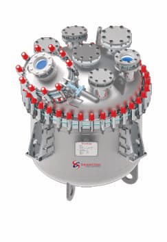 A glass-lined storage tank with flanged manway.